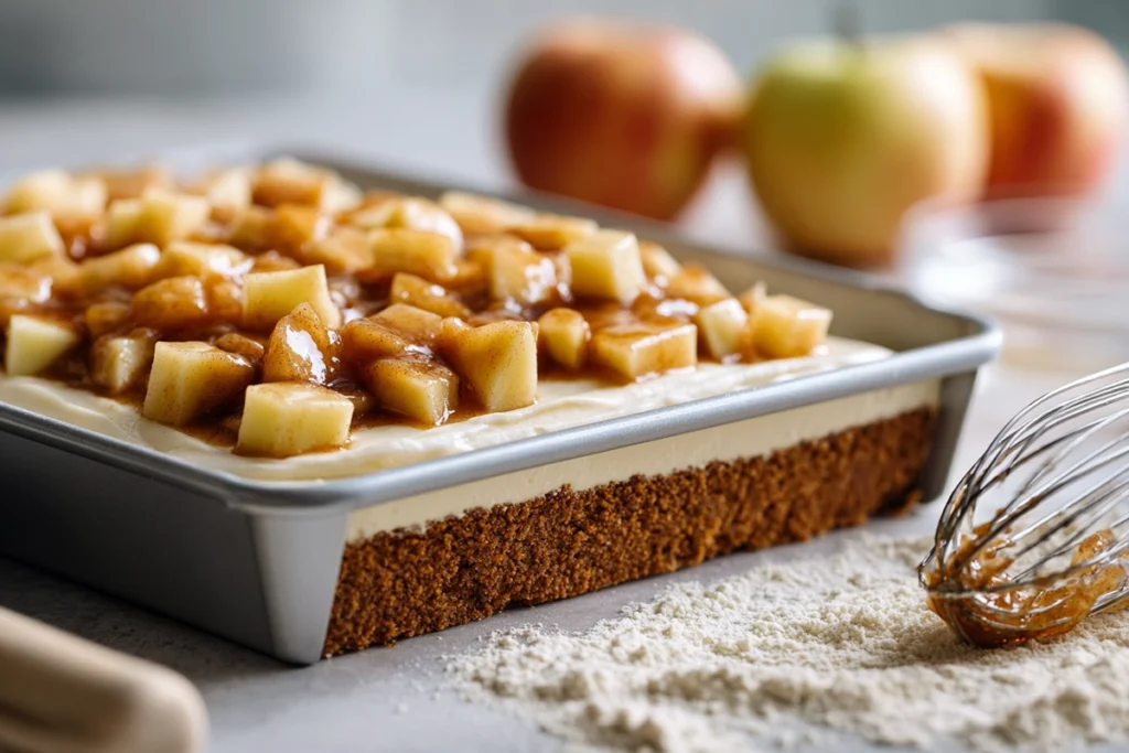 Caramel Apple Cheesecake Bars: The Ultimate Fall Dessert You’ll Crave All Year 9 Step-by-step image showing cheesecake layer and apple topping being assembled for caramel apple cheesecake bars
