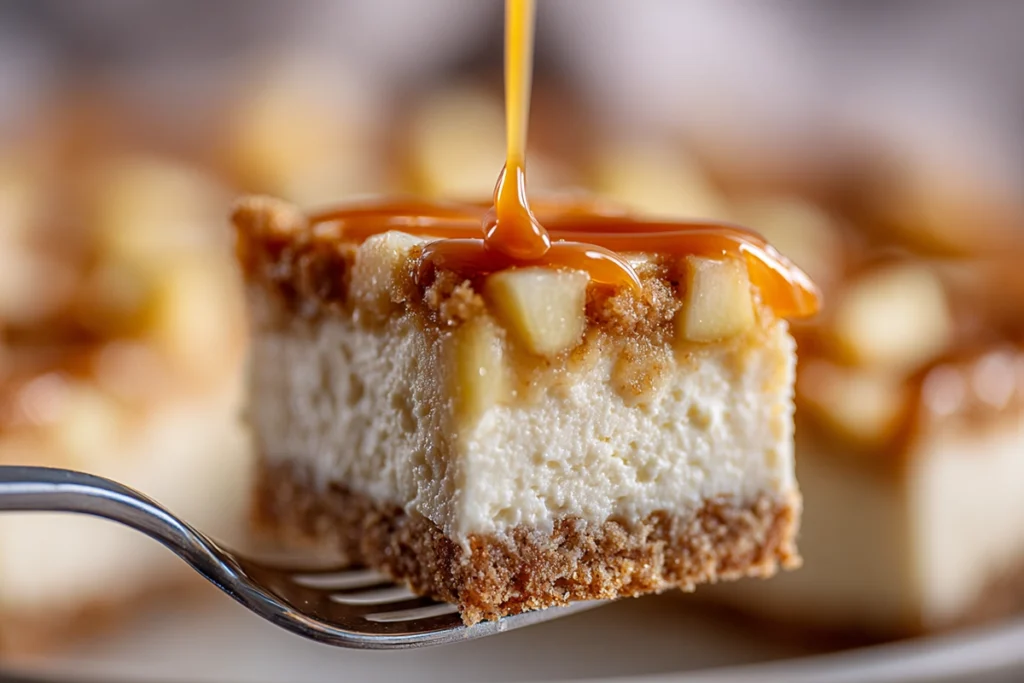 Caramel Apple Cheesecake Bars: The Ultimate Fall Dessert You’ll Crave All Year 11 Macro close-up of a caramel apple cheesecake bar showing creamy layers and caramel drizzle