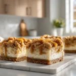 Caramel apple cheesecake bars with shortbread crust, apple topping, and streusel layers