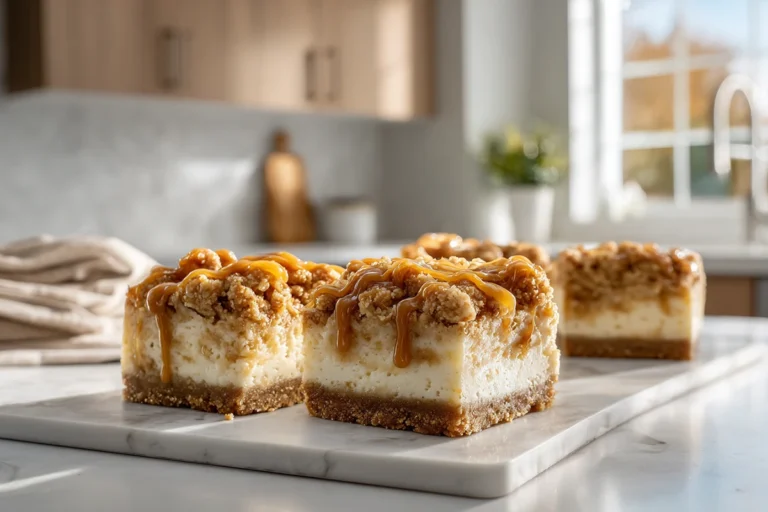 Caramel apple cheesecake bars with shortbread crust, apple topping, and streusel layers