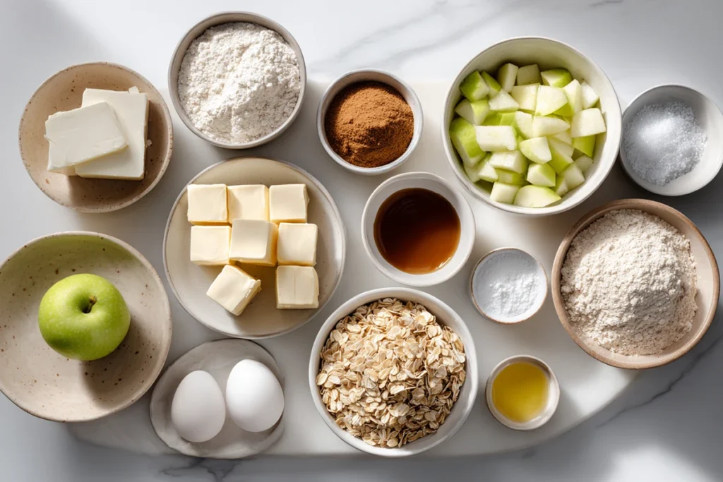 Ingredients for caramel apple cheesecake bars arranged on marble counter