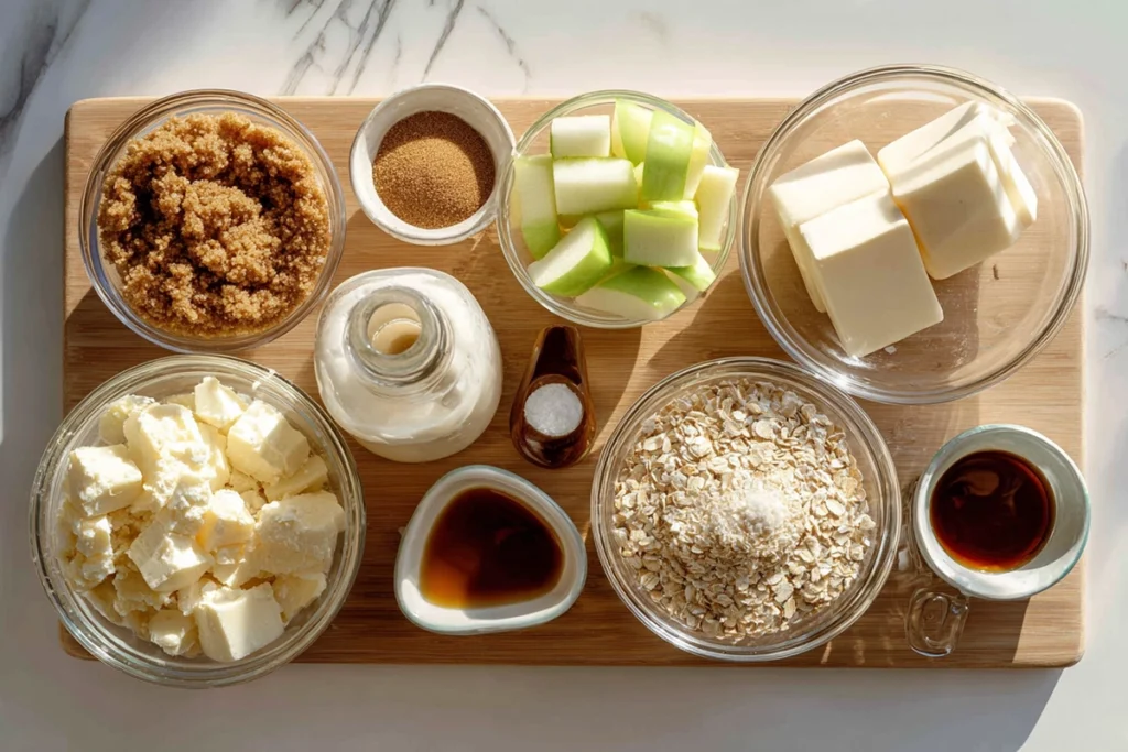 Caramel Apple Cheesecake Bars: The Ultimate Fall Dessert You’ll Crave All Year 7 Overhead image of ingredients for caramel apple cheesecake bars arranged neatly on a wooden board