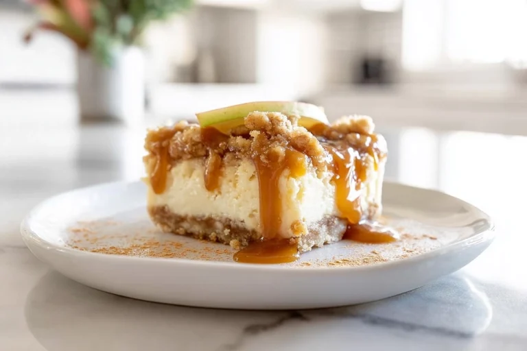 Caramel Apple Cheesecake Bars: The Ultimate Fall Dessert You’ll Crave All Year 17 Close-up of caramel apple cheesecake bars with caramel drizzle on a white plate in a modern kitchen