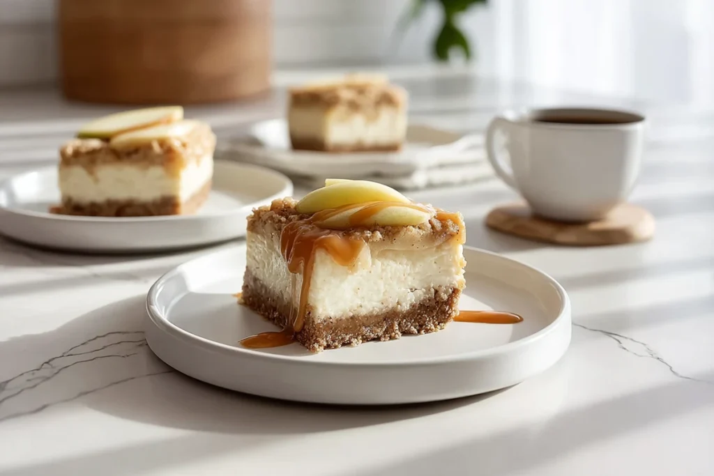 Caramel apple cheesecake bars served cold with clean slices
