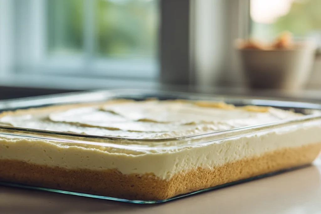 Cheesecake filling spread over baked shortbread crust for caramel apple cheesecake bars
