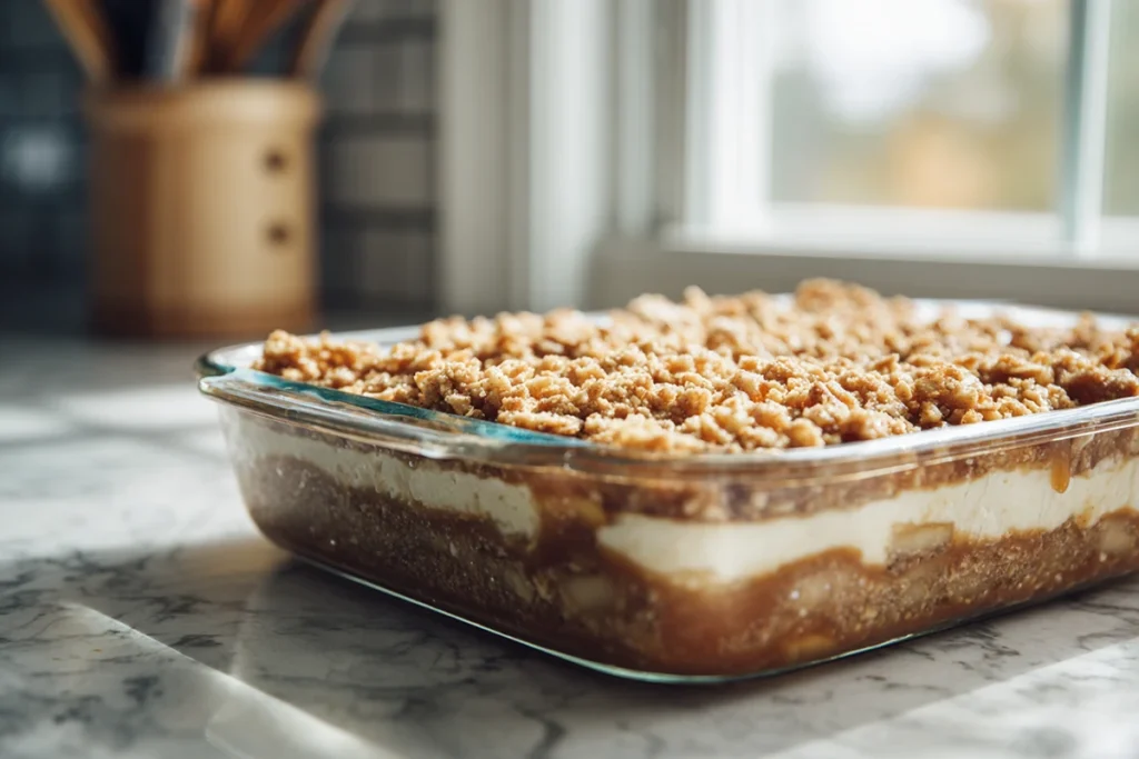 Apple and streusel topping added to caramel apple cheesecake bars before baking