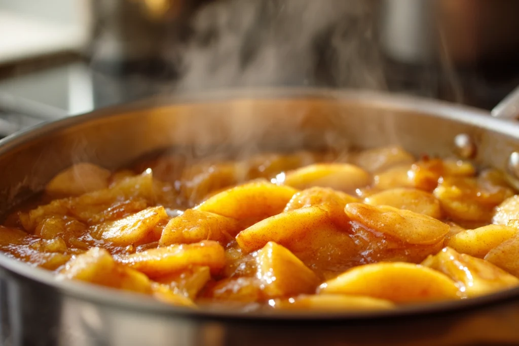 Salted Caramel Apple Pie Cheesecake – The Fall Dessert Everyone’s Talking About 9 close-up of caramelized apple filling cooking in pan for salted caramel apple pie cheesecake