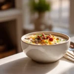 Cheeseburger Soup: A Creamy Comfort in a Bowl 7 Cheeseburger soup in a modern kitchen bowl with melted cheddar, potatoes, and ground beef under natural light.
