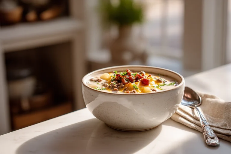 Cheeseburger Soup: A Creamy Comfort in a Bowl 13 Cheeseburger soup in a modern kitchen bowl with melted cheddar, potatoes, and ground beef under natural light.