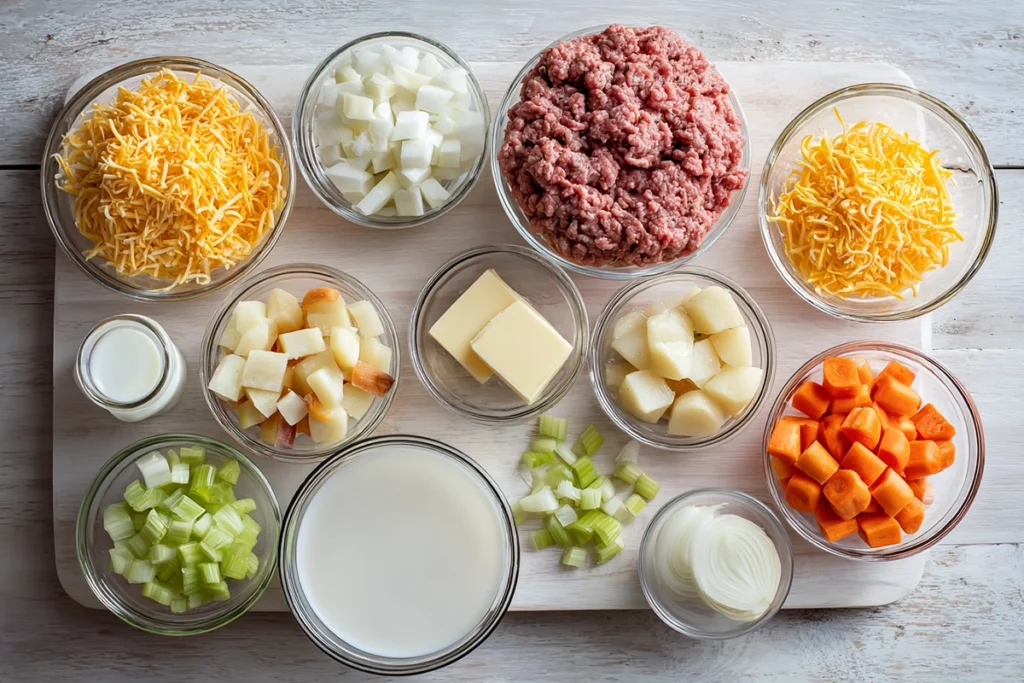 Cheeseburger Soup: A Creamy Comfort in a Bowl 8 Overhead photo of cheeseburger soup ingredients including beef, potatoes, cheddar cheese, and vegetables on a wooden board.