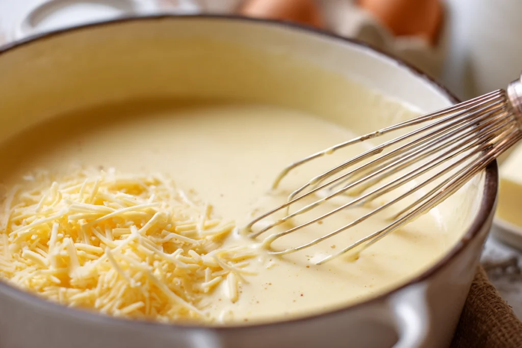 Cheeseburger Soup: A Creamy Comfort in a Bowl 10 Cheddar cheese melting into creamy cheeseburger soup base in a white pot with natural daylight.