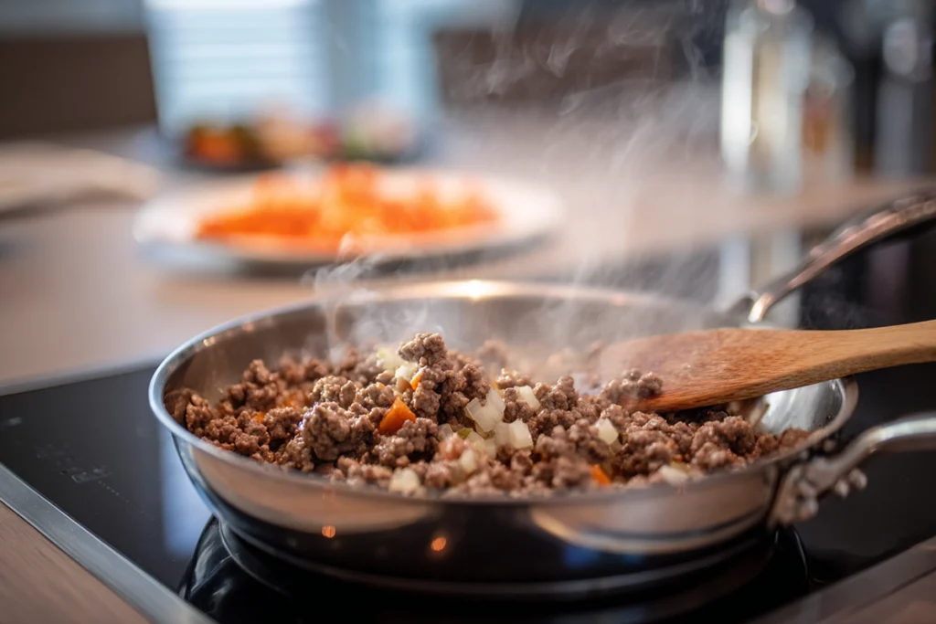 Cheeseburger Soup: A Creamy Comfort in a Bowl 9 Ground beef browning in a stainless-steel pan for cheeseburger soup on a modern kitchen stove.