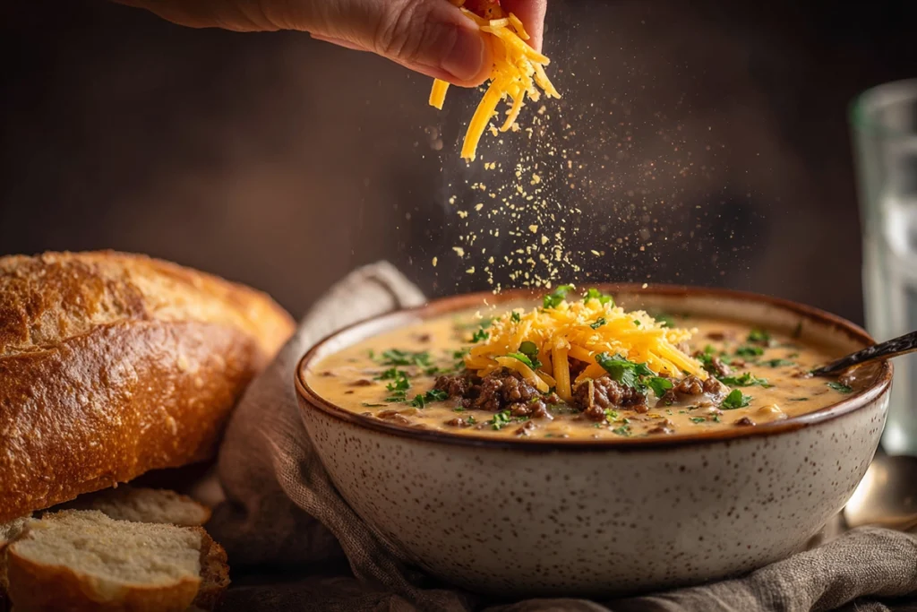 Cheeseburger Soup: A Creamy Comfort in a Bowl 11 Serving cheeseburger soup topped with melted cheddar and parsley in a bright modern kitchen setting.