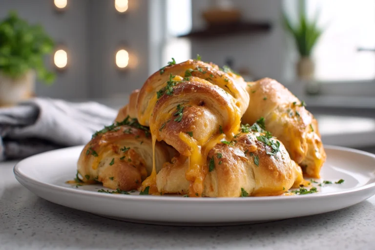 golden cheesy chicken crescent rolls on white plate in modern kitchen