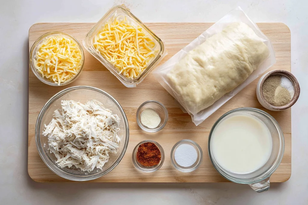 ingredients for cheesy chicken crescent rolls arranged overhead in glass bowls