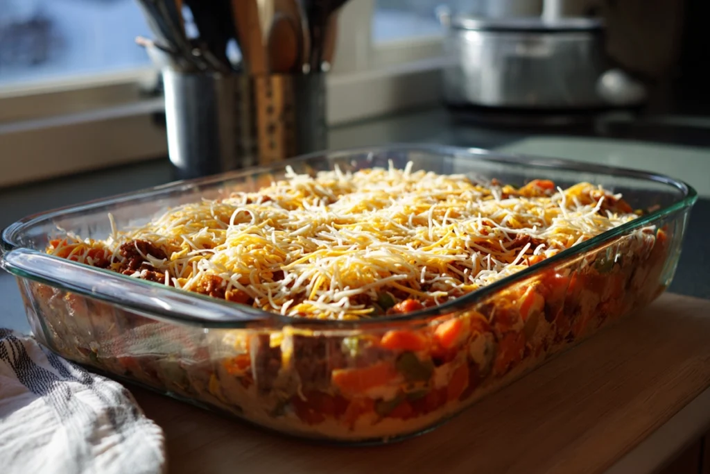 Casserole dish filled with beef, rice, and cheese mixture ready for baking