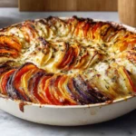 cheesy root vegetable gratin with golden melted cheese baked until creamy and tender