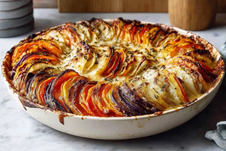 cheesy root vegetable gratin with golden melted cheese baked until creamy and tender