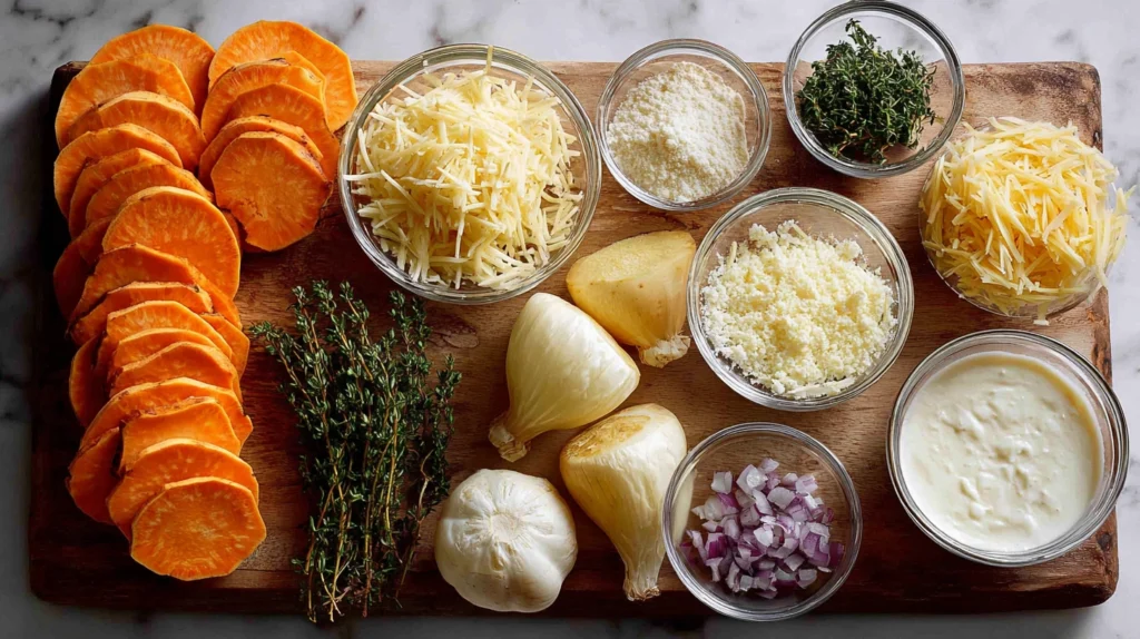 Cheesy Root Vegetable Gratin: A Golden, Creamy Comfort You’ll Crave 8 Overhead view of ingredients for cheesy root vegetable gratin including sweet potatoes, parsnips, and cheese