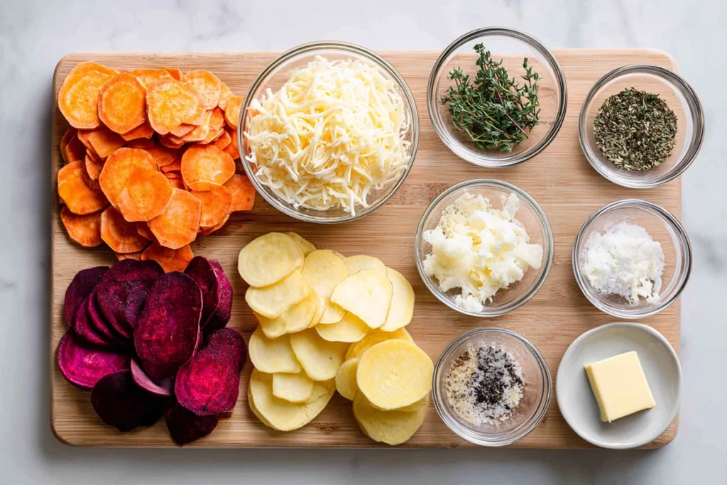 ingredients for cheesy root vegetable gratin arranged neatly on a kitchen counter