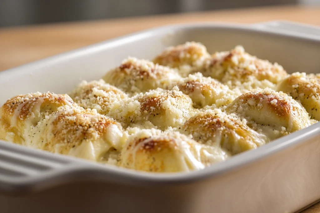 Chicken Alfredo Lasagna Rolls: Creamy, Comforting, and Perfect for Family Dinners 10 Chicken Alfredo Lasagna Rolls in a white baking dish topped with creamy sauce and shredded cheese ready to bake.