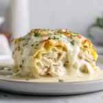 Chicken Alfredo Lasagna Rolls: Creamy, Comforting, and Perfect for Family Dinners 7 Chicken Alfredo Lasagna Rolls on a modern plate with creamy sauce and parsley garnish in natural daylight.