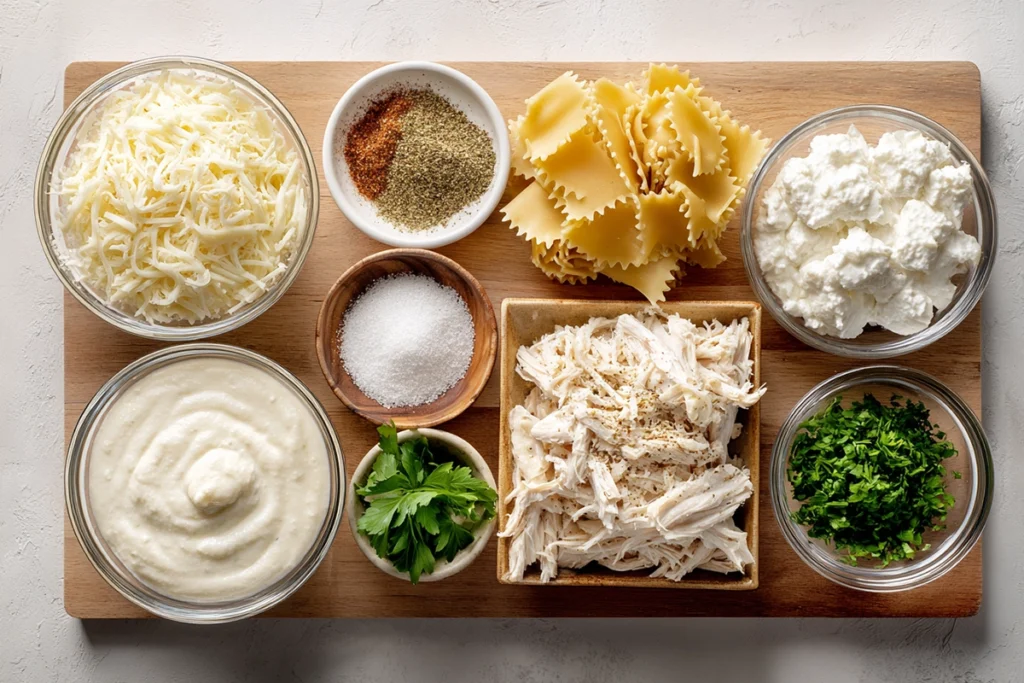 Chicken Alfredo Lasagna Rolls: Creamy, Comforting, and Perfect for Family Dinners 8 Overhead shot of chicken alfredo lasagna rolls ingredients arranged in bowls on a wooden board in a bright kitchen.