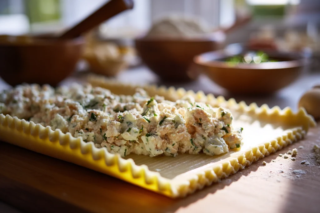 Chicken Alfredo Lasagna Rolls: Creamy, Comforting, and Perfect for Family Dinners 9 Rolling chicken alfredo lasagna rolls with creamy ricotta filling on noodles under bright natural kitchen light.