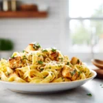 Chicken with Buttered Noodles – A Cozy, One-Pan Comfort Classic 7 Photorealistic plate of chicken with buttered noodles garnished with parsley and Parmesan in a bright modern kitchen.