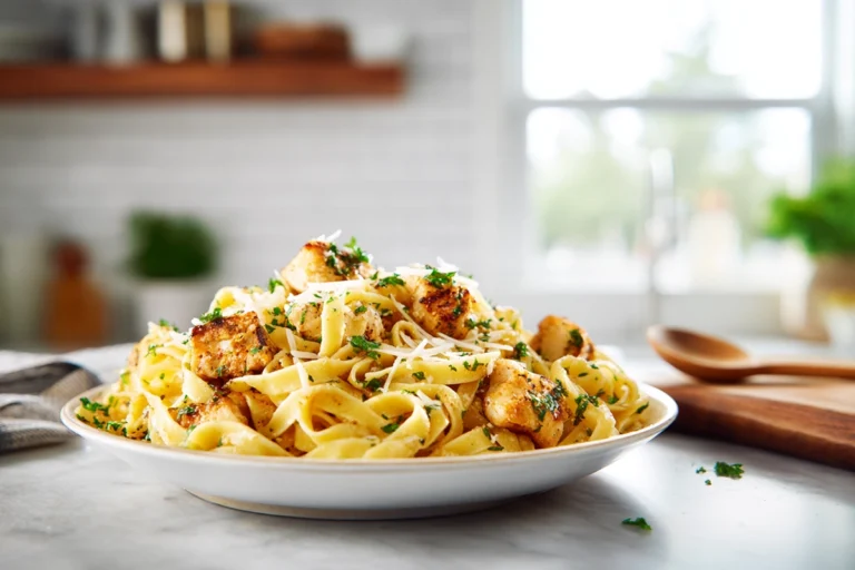 Photorealistic plate of chicken with buttered noodles garnished with parsley and Parmesan in a bright modern kitchen.