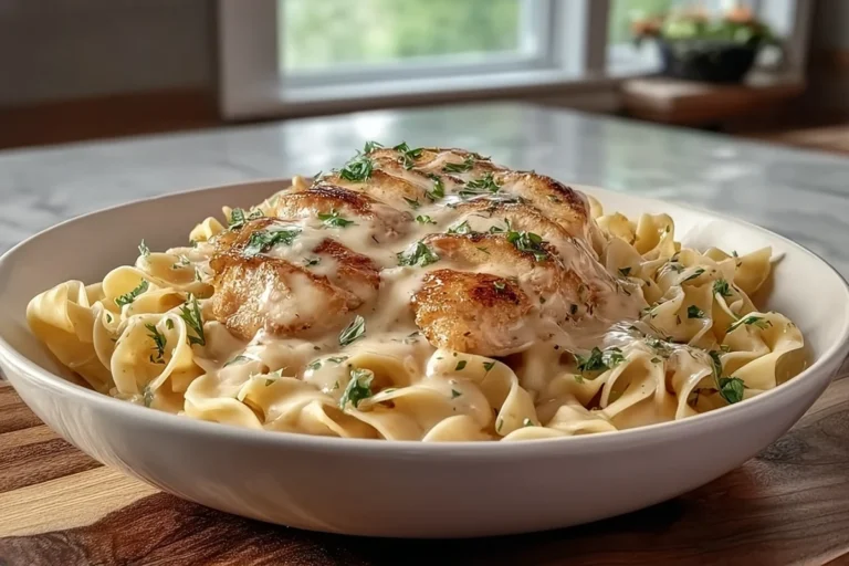 Chicken with buttered noodles served in a creamy skillet-style dinner