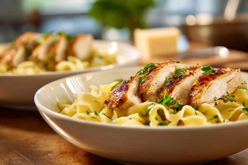 Chicken with buttered noodles served family-style for dinner