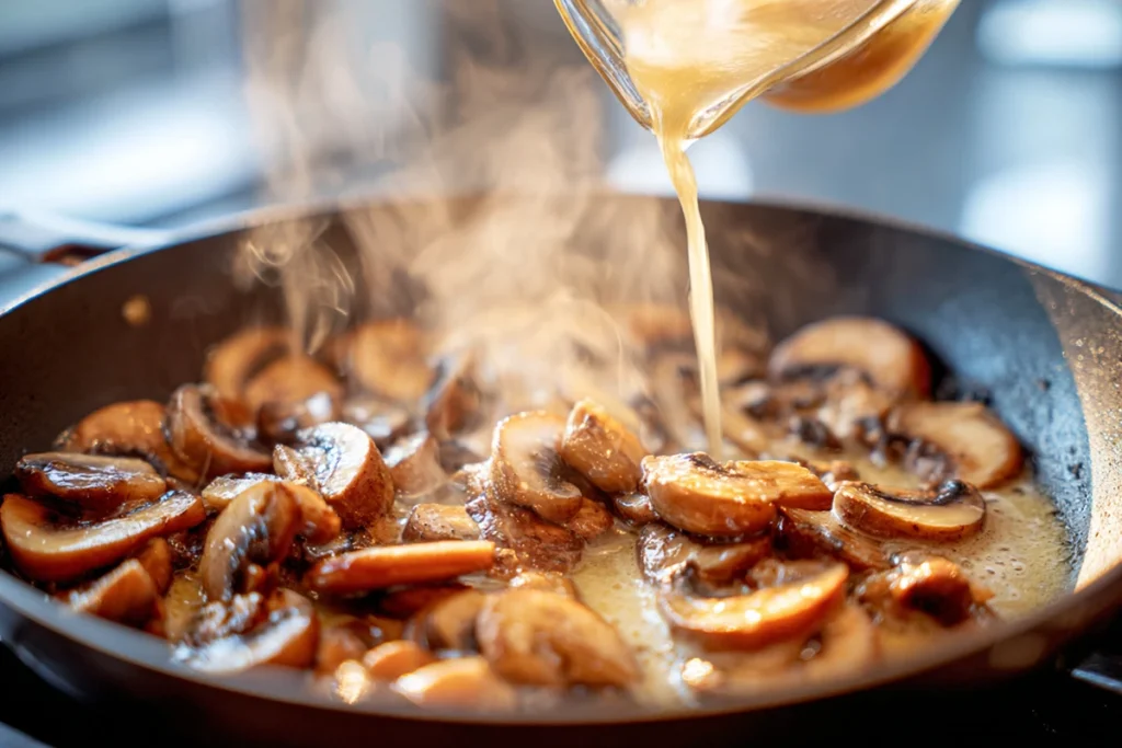 Building the cream sauce for chicken with buttered noodles in a skillet