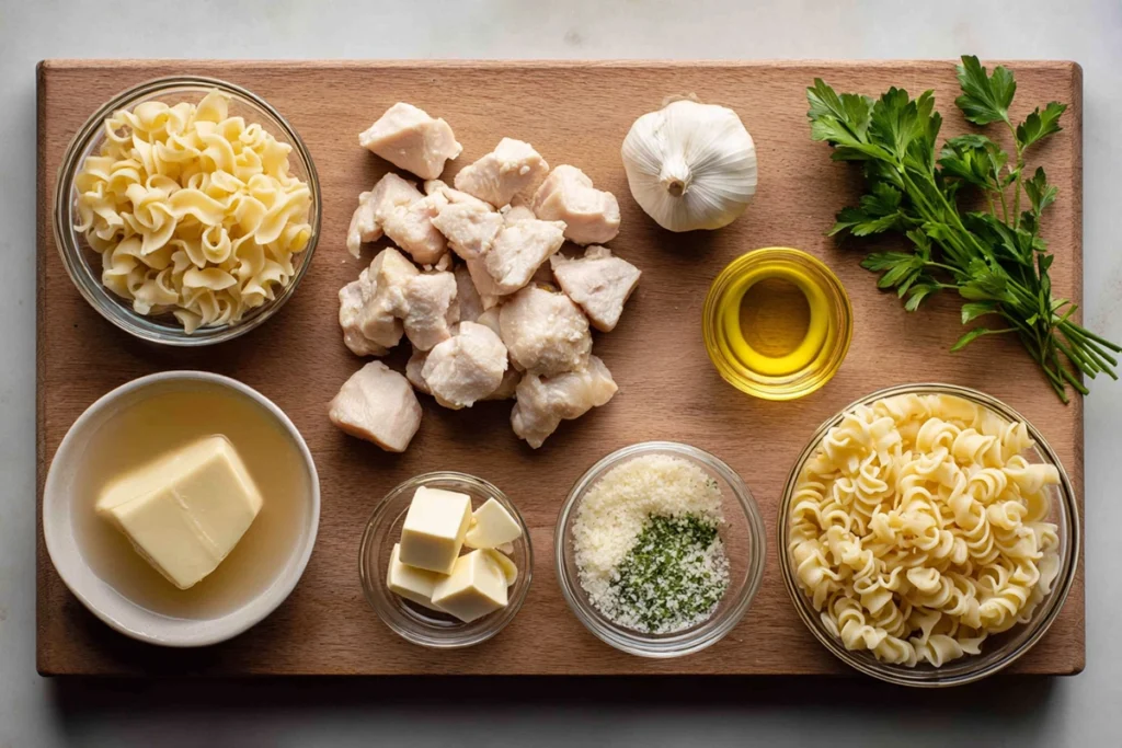 Chicken with Buttered Noodles – A Cozy, One-Pan Comfort Classic 8 Overhead photo of chicken with buttered noodles ingredients arranged in glass bowls on a wooden board.