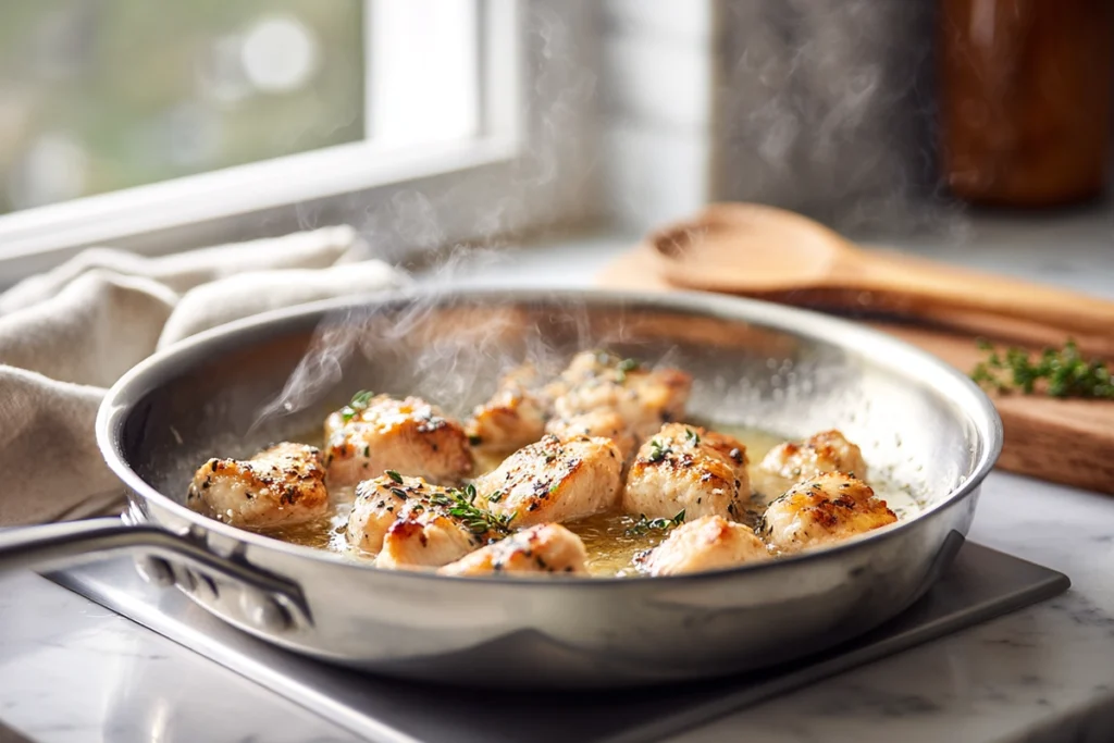 Chicken with Buttered Noodles – A Cozy, One-Pan Comfort Classic 9 Chicken pieces searing in butter in a stainless-steel pan for chicken with buttered noodles recipe.