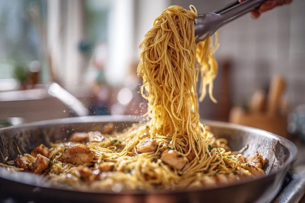 Chicken with Buttered Noodles – A Cozy, One-Pan Comfort Classic 10 Buttered noodles and chicken being tossed together in a skillet in bright natural kitchen lighting.