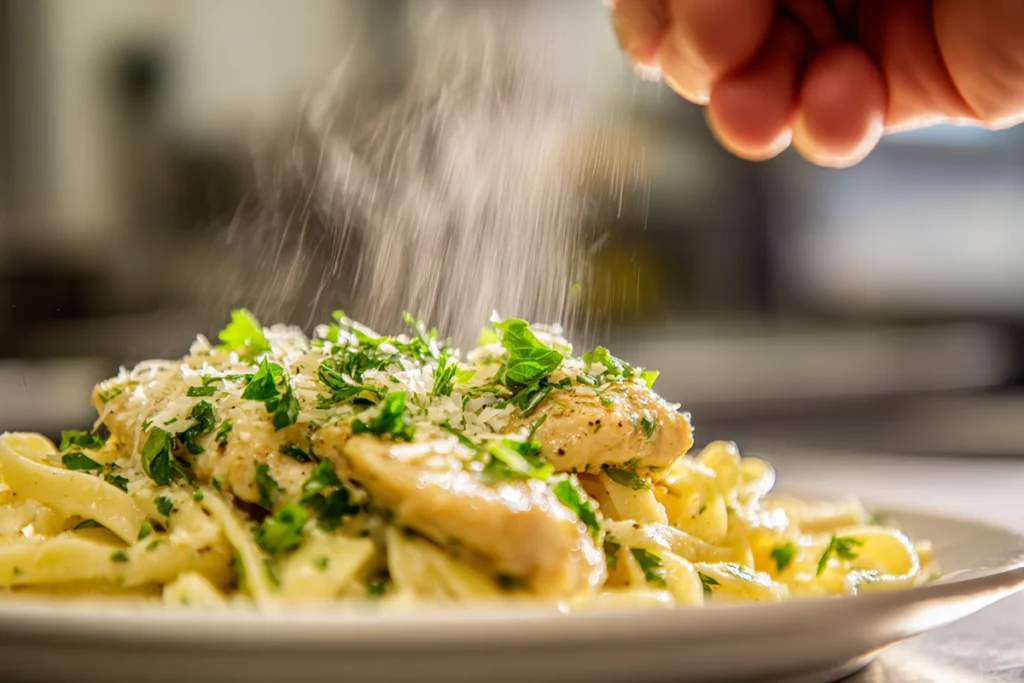 Chicken with Buttered Noodles – A Cozy, One-Pan Comfort Classic 11 Close-up of parsley and Parmesan being sprinkled over chicken with buttered noodles before serving.