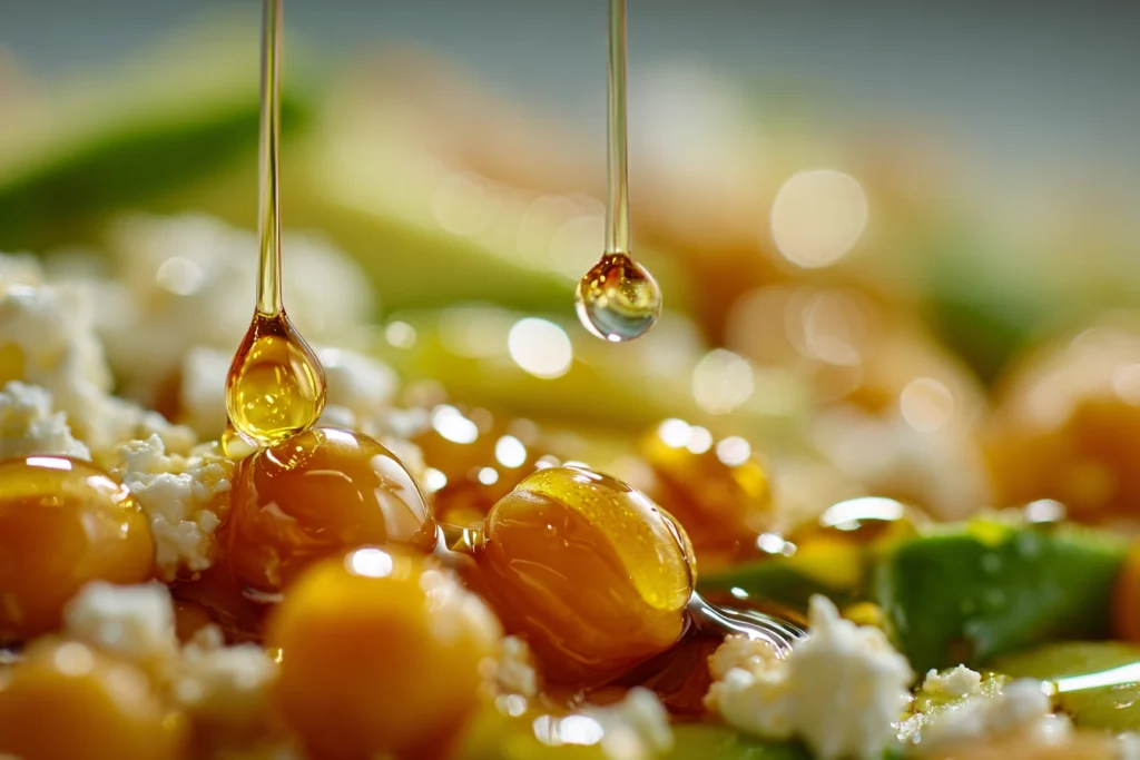 Macro close-up of lemon olive oil dressing drizzled over chickpea feta avocado salad