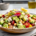 Overhead view of chickpea feta avocado salad with lemon and herbs in a modern kitchen