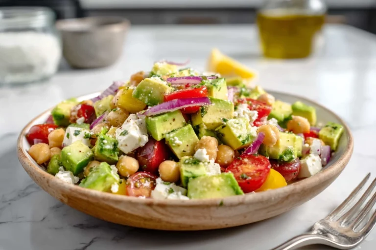 Overhead view of chickpea feta avocado salad with lemon and herbs in a modern kitchen