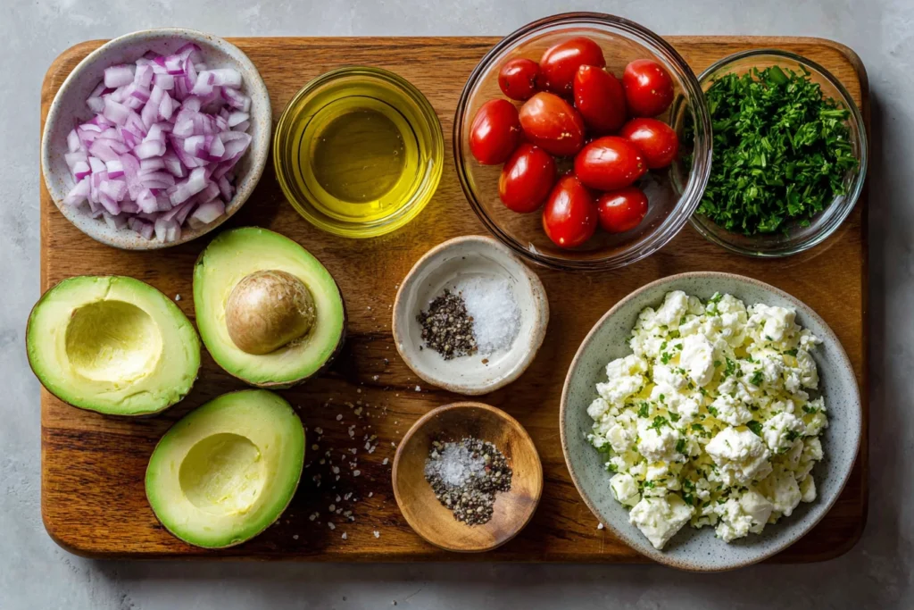Overhead flatlay of chickpea feta avocado salad ingredients in glass bowls and wooden board