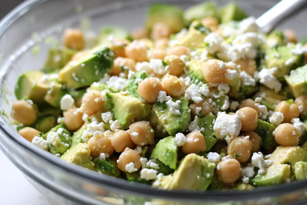 Chickpea feta avocado salad being mixed in a glass bowl under natural daylight
