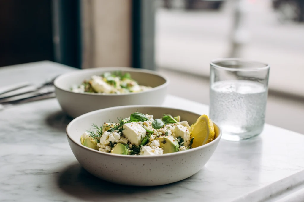 Two bowls of chickpea feta avocado salad served on marble counter in natural daylight