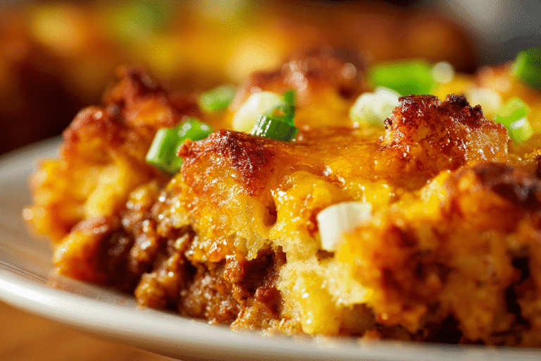 Chili Cheese Tater Tot Casserole – The Ultimate Comfort Food You’ll Crave Again 5 close-up of chili cheese tater tot casserole showing crispy tater tots, melted cheese, and chili texture