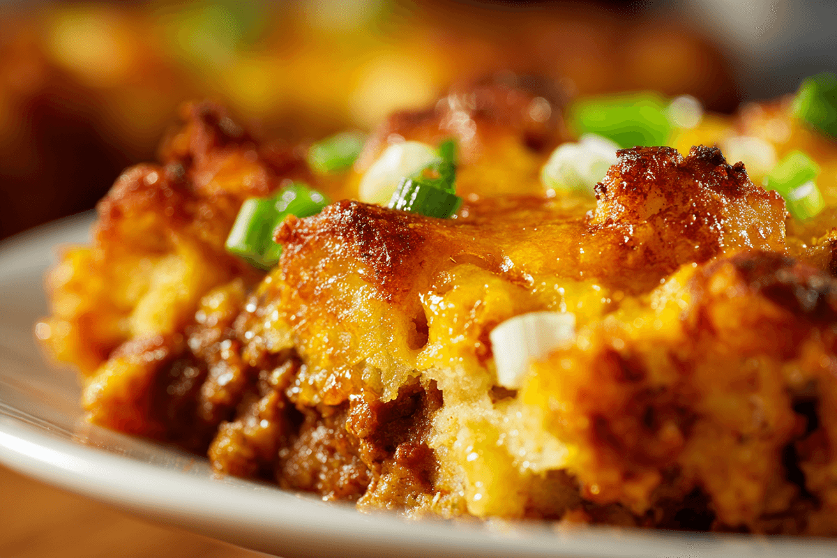 Chili Cheese Tater Tot Casserole – The Ultimate Comfort Food You’ll Crave Again 6 close-up of chili cheese tater tot casserole showing crispy tater tots, melted cheese, and chili texture