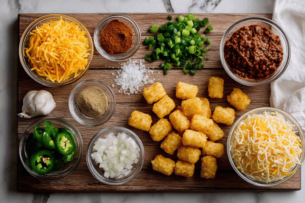 Chili Cheese Tater Tot Casserole – The Ultimate Comfort Food You’ll Crave Again 8 overhead shot of chili cheese tater tot casserole ingredients including chili, cheese, onions, and spices on wooden board