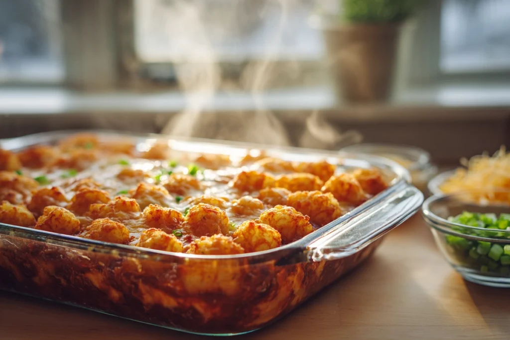 Chili Cheese Tater Tot Casserole – The Ultimate Comfort Food You’ll Crave Again 10 freshly baked chili cheese tater tot casserole in glass dish with bubbling cheese and crispy tater tots