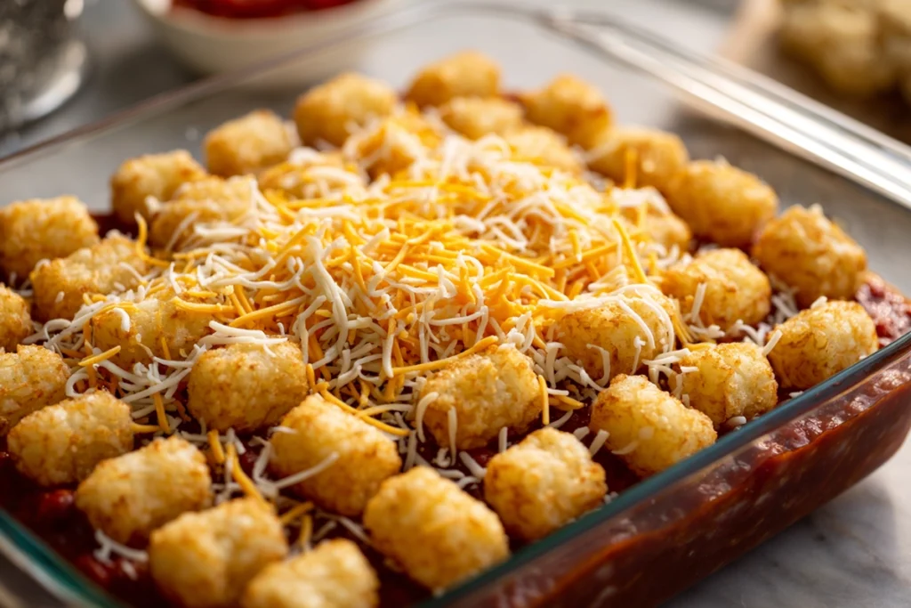 Chili Cheese Tater Tot Casserole – The Ultimate Comfort Food You’ll Crave Again 9 layering chili cheese tater tot casserole in baking dish with chili, cheese, and tater tots before baking