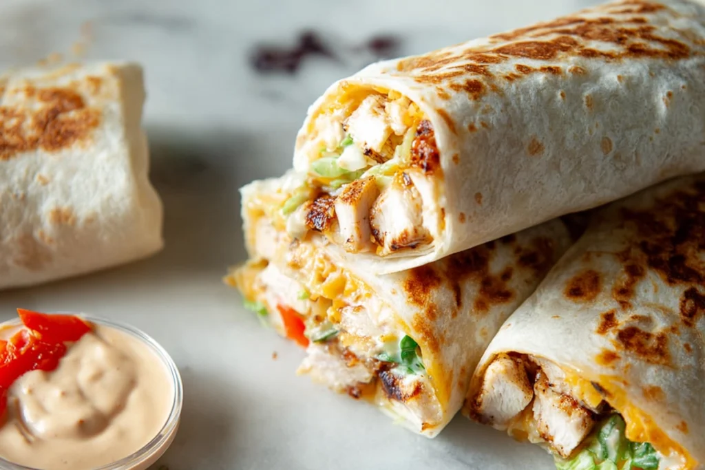 macro close-up of chipotle ranch grilled chicken burrito cross-section showing creamy sauce and fillings