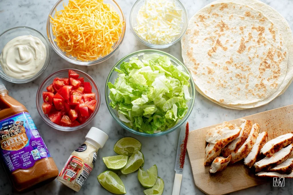 overhead photo of fresh chipotle ranch grilled chicken burrito ingredients on a modern counter
